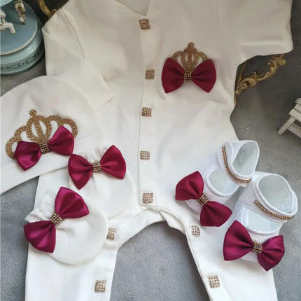 Nome personalizado bebê macacão menino algodão roupas de bebê recém-nascido 0-3 mês strass coroa jurken branco pijamas do bebê conjunto para meninos