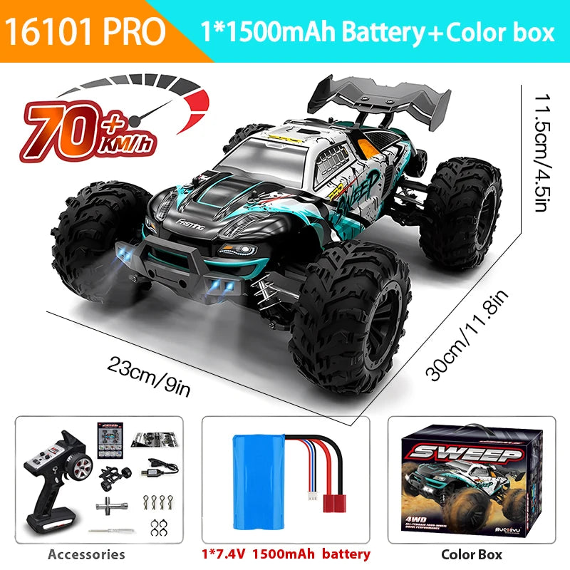 Carro com controle remoto LED para crianças, 1:16, 70 kph ou 50 kph, 4WD, monstro de alta velocidade Drift, caminhão 4x4, Wltoys 144001 Brinquedos