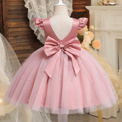 Criança Vermelha Natal Princesa Vestido, bonito Baby Girl 1 ° Aniversário Tutu Vestido, Recém-nascido Backless Bow Beading Xmas Traje