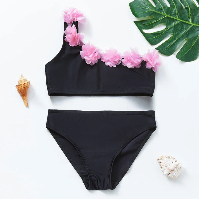 Fatos de banho Tankini com borla preta para meninas, roupas de banho de duas peças, biquíni infantil, moda praia, verão