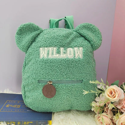 Urso bonito padrão mochila de pelúcia para mulheres e meninas, personalizado pequeno saco de ombro casual, nome personalizado, presente da criança