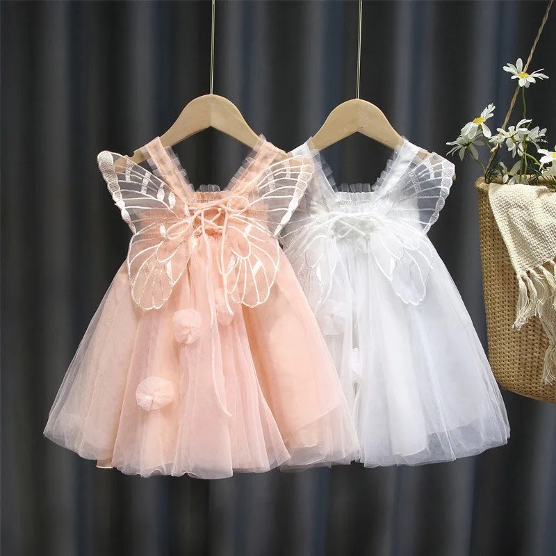 2025 novas meninas vestido asa sem mangas crianças roupas de verão vestidos de princesa festa vestidos de bebê para crianças roupas 1-8y