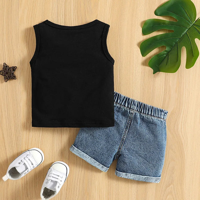 Conjunto Bebê Regata Estampada + Shorts Jeans