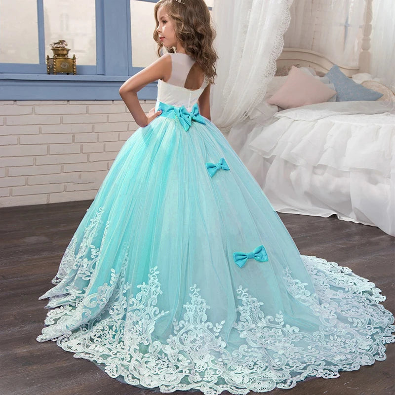 Girls 'Long Lace Prom Gowns, Vestidos de dama de honra para crianças, Adolescentes Girl Party Dress, Princesa Evening Vestido De Noiva Formal