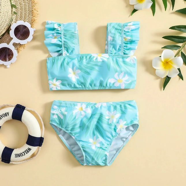 Estilo fresco crianças flor impressão biquíni terno de banho de duas peças para meninas roupas de verão esportivas e elegantes da china