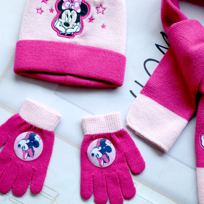 Disney-Children's Minnie Cartoon Scarf Hat and Glove, Quente, Bonito, Menino, Menina, Criança, Presente de Natal, Novo, Outono e Inverno, 3 pcs