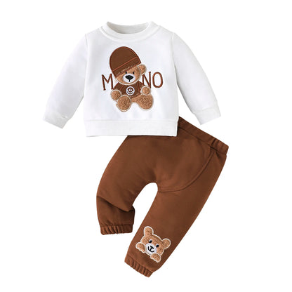 Casual Cartoon Urso Manga Longa Camiseta e Calças Navy Outfit, Conjunto de Roupas Infantis, Kids Wear, Criança Terno, 3-24 meses