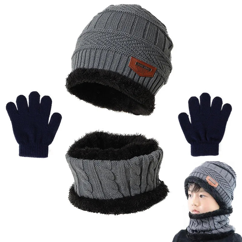 Inverno Chapéu Cachecol e Luvas Set Plush Warmer Crianças Chapéu De Malha Bebê Meninos Gorros Cap Neck Scarf Glove Suit Para Crianças Accessori