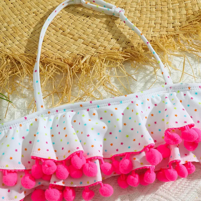 Menina Ruffle Pompom Bikini Set Swimsuit Crianças Halter Top Two Piece Crianças Swimwear Estrelas Imprimir 3-12 Anos Criança Maiô