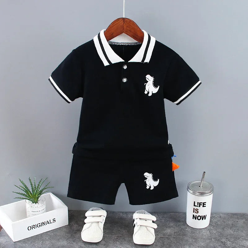 Roupas de verão para bebês meninos de 9 a 12 meses, camisetas com estampa de dinossauro, gola virada para baixo, tops e shorts, 2 peças, conjuntos de roupas infantis