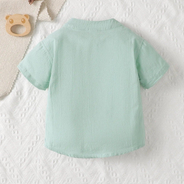 Bebê meninos manga curta Stand colar bolso t-shirt, top verde menta, vento parcial formal, bolso fresco pequeno, verão