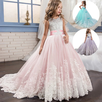 Girls 'Long Lace Prom Gowns, Vestidos de dama de honra para crianças, Adolescentes Girl Party Dress, Princesa Evening Vestido De Noiva Formal