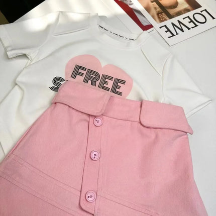 Doce rosa amor feminino manga curta e conjunto de saia elegante, roupas estilo ocidental, verão, novo, 2 peças, 2022