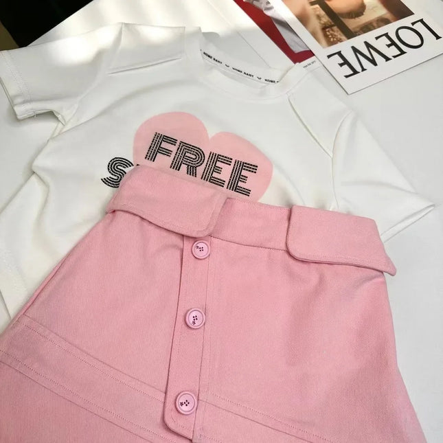 Doce rosa amor feminino manga curta e conjunto de saia elegante, roupas estilo ocidental, verão, novo, 2 peças, 2022