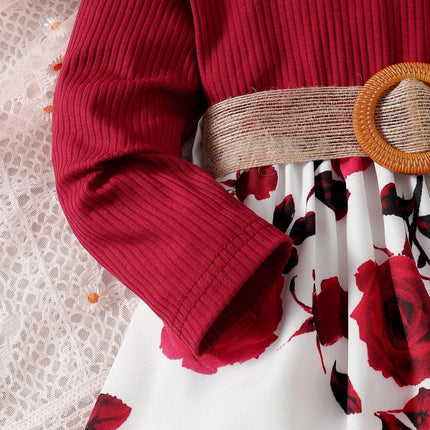 Saia de flor vermelha manga comprida feminina, vestido de ano novo, aniversário, roupa de festa de casamento, outono, 1-7 anos