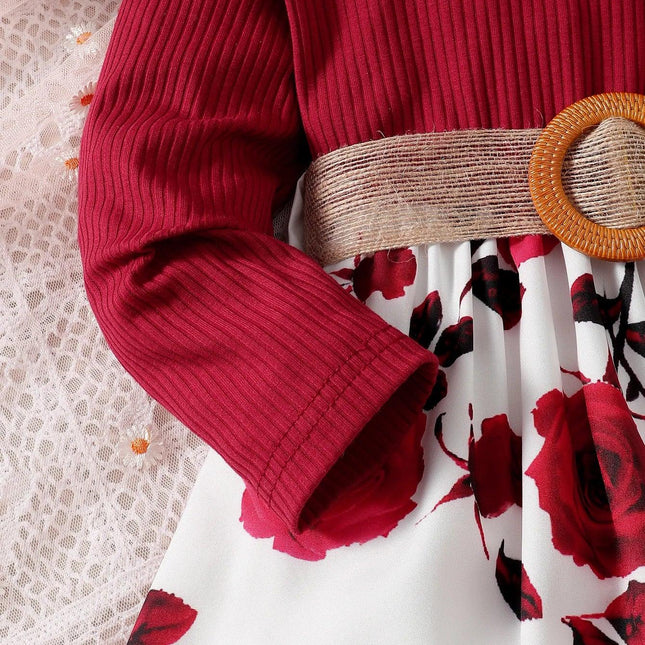 Saia de flor vermelha manga comprida feminina, vestido de ano novo, aniversário, roupa de festa de casamento, outono, 1-7 anos