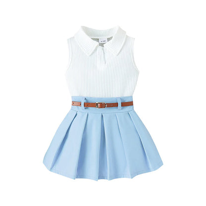 Conjunto de saia e cinto plissado e regata para meninas, gola virada para baixo, roupa infantil, verão