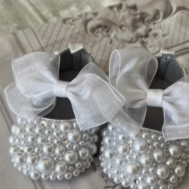 Dollbling Handmade Pérolas Brancas Berço Sapatos, Bling Rhinestone, Roupa de batismo, Wedding Sparkle, Organza, Batismo, 0-3m
