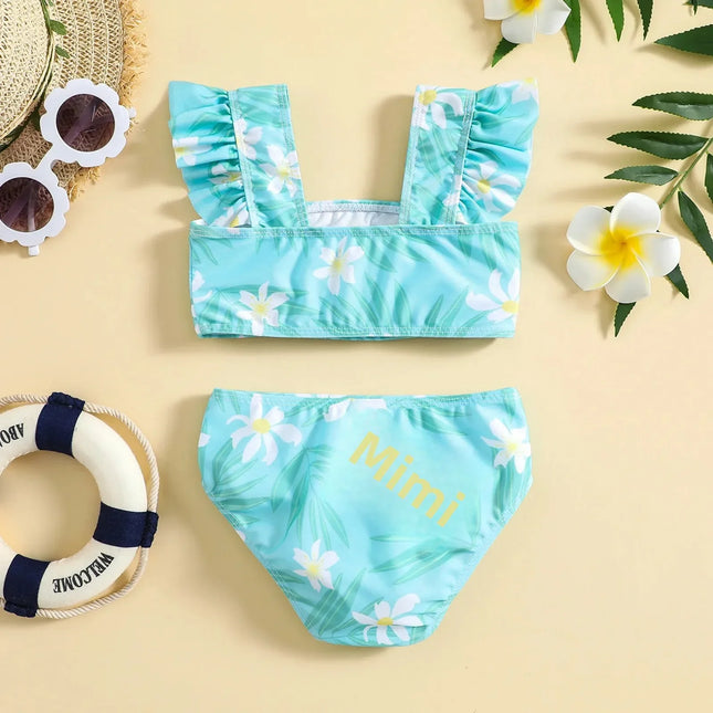 Estilo fresco crianças flor impressão biquíni terno de banho de duas peças para meninas roupas de verão esportivas e elegantes da china