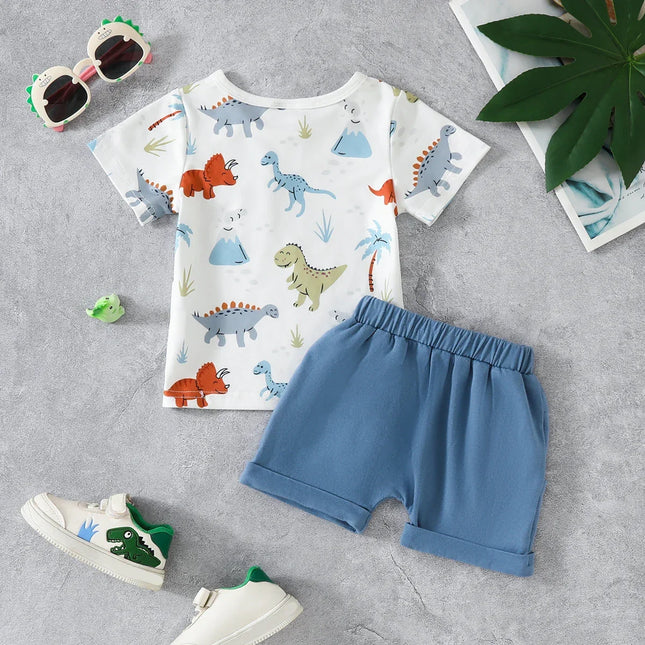 Dinossauro do bebê menino impressão t-shirt top set, decoração de nó falso, shorts de bolso, bonito, casual, verão, 2 peças