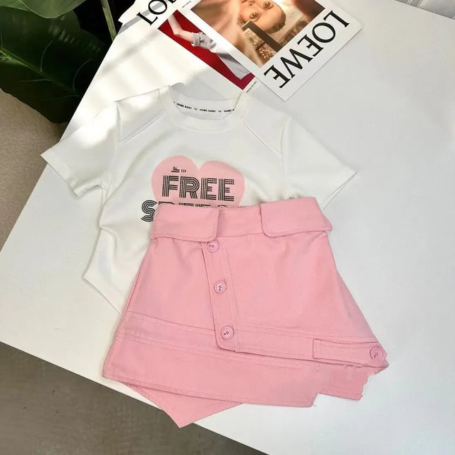 Doce rosa amor feminino manga curta e conjunto de saia elegante, roupas estilo ocidental, verão, novo, 2 peças, 2022