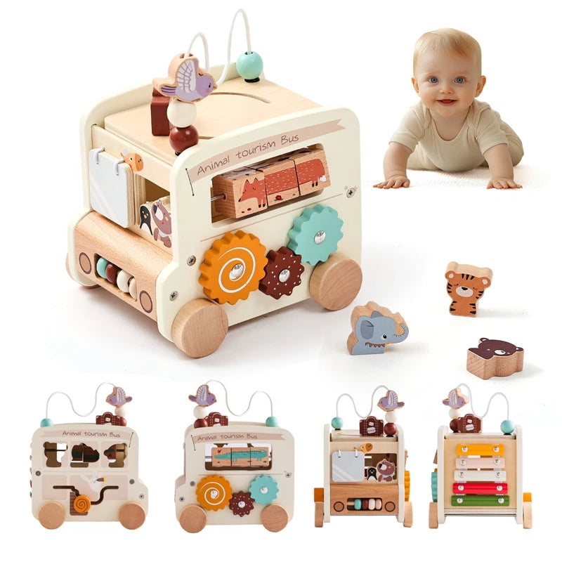 Polyhedron Wooden Montessori Car Toy para Crianças, Educação Infantil, Mão Cérebro, Órgão dos Sentido, Ônibus Ocupado, Presente para Bebês, 0-12Months