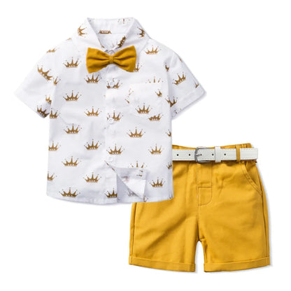 Camisa estampada coroa com laço e cinto de couro para meninos, roupa formal infantil, conjunto de roupas de festa de aniversário, verão, 1, 2, 3, 4, 5, 6 anos