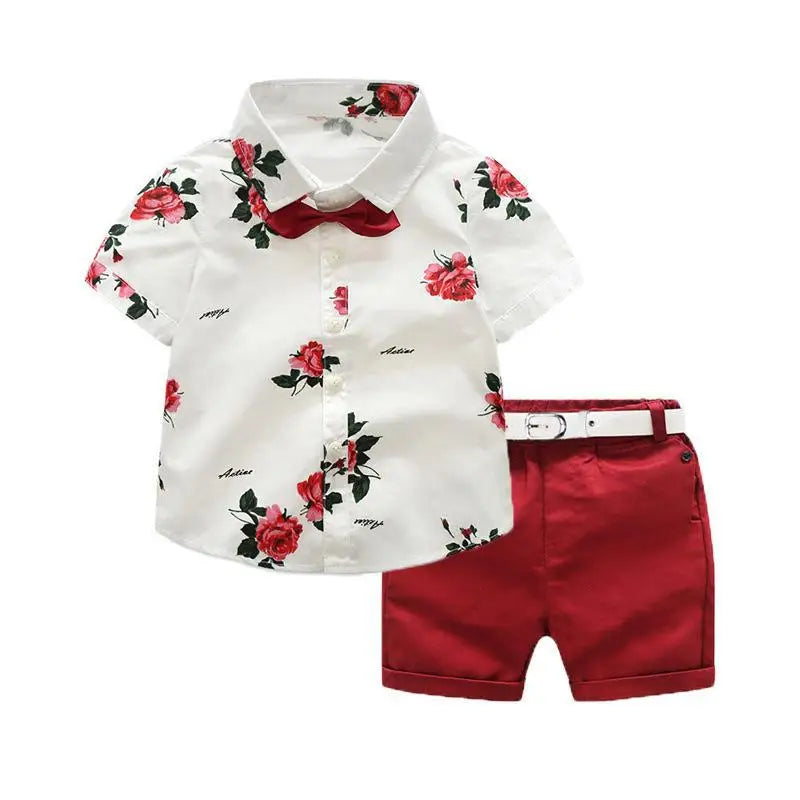 Camisa estampada coroa com laço e cinto de couro para meninos, roupa formal infantil, conjunto de roupas de festa de aniversário, verão, 1, 2, 3, 4, 5, 6 anos