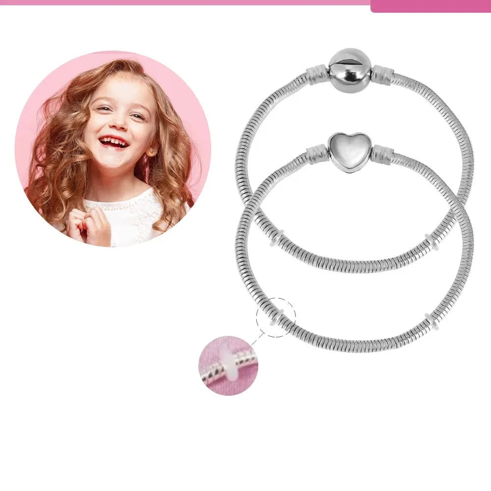 Pulseira de aço inoxidável para crianças, coração feminino, Pandoraer, Corrente de Cobra, Fits Original Charme, Presente da jóia das crianças