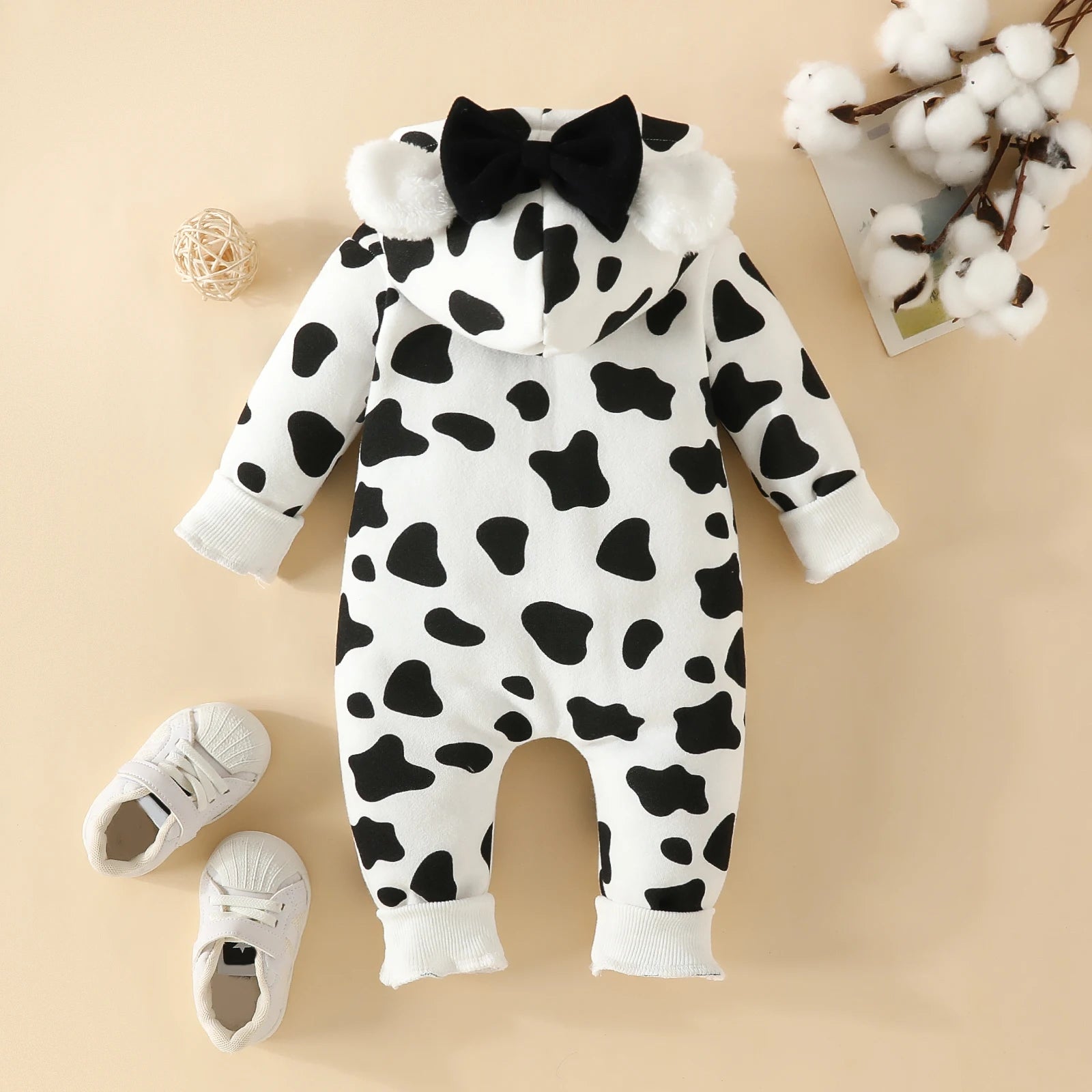 Bebê vaca bonito com capuz manga comprida Onesie, menino e menina Onesie, Zipper Warm Out Wear, casaco com arco, macacão de bebê