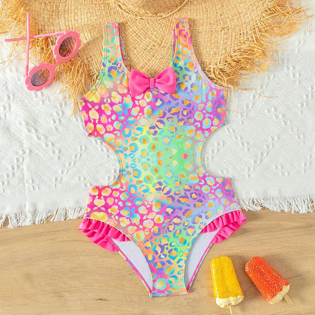 Maiô colorido e brilhante para meninas, maiô de peça única para meninas adolescentes, banho plissado com arco, roupa de praia verão, roupa de banho