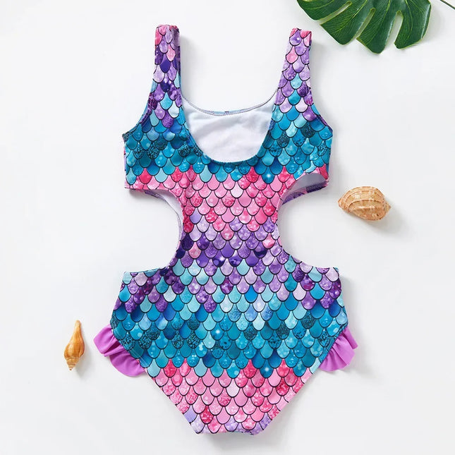 Novo maiô infantil integrado, design de escala de peixe gradiente para meninas de 3 a 12 anos, maiô de uma peça, roupa de banho infantil
