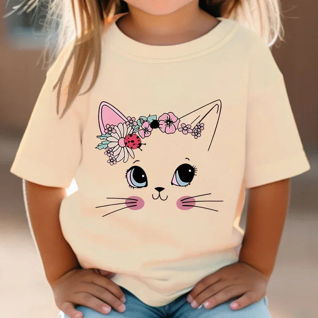 T-shirt de manga curta para meninas, flor, gato, floral, gatinho, branco, manga curta, selvagem, bonito, animal, desenhos animados, verão