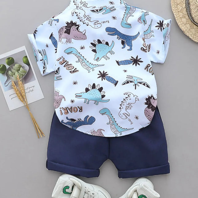 Bebê e criança completa impressão Top manga curta e Shorts conjunto, padrão de dinossauro manchado, camisa de gola alta, verão, 2pcs