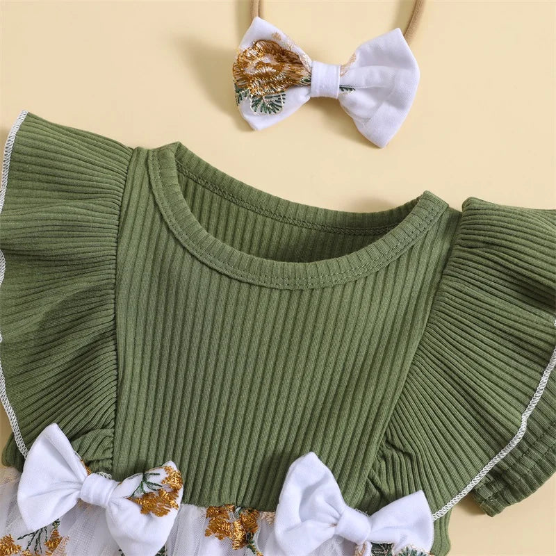 Vestido de Romper Infantil Bebê Recém-nascido, Bordado De Flores, Malha Rib Ruffles, Macacão Gola Tripulação, Bodysuit Verão, Arco Headband