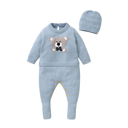 Macacão de bebê e chapéus, manga comprida, ternos de malha, meninos recém-nascidos outwear, playsuits, chapéus trajes, azul, primavera, outono, inverno, 2pcs, 0-18m