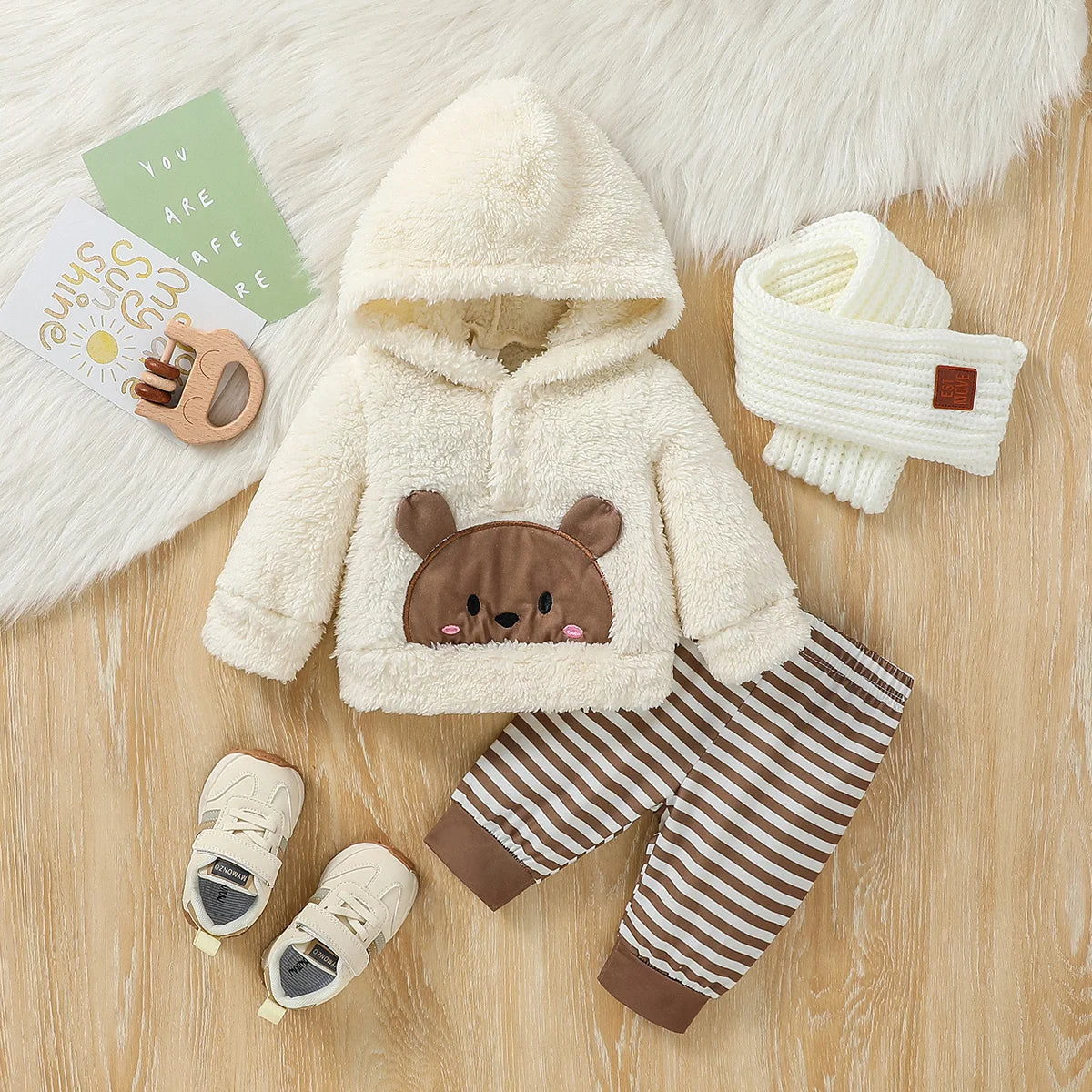 Urso de manga comprida recém-nascido com capuz, calças listradas, pantsuit de inverno, roupas diárias, bebês meninos, 2 peças, 6m