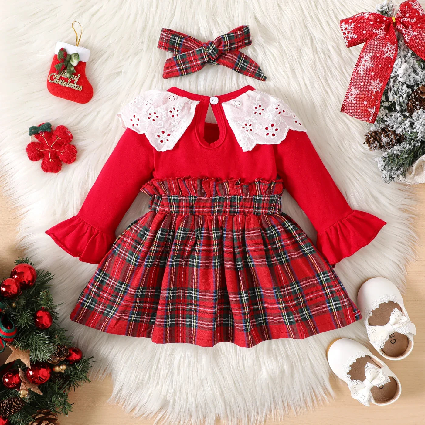 PatPat-Vestido de Bebê Menina com Headband Set, Manga Longa, Arco Xadrez Emendado, Colarinho Ruffle Frontal, Confortável, 95% Algodão, 2Pcs