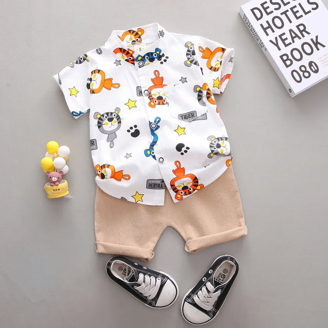 Cartoon Tiger Animal Random Print Shirt e Shorts Set, Infantil Criança Moda Verão, 2pcs