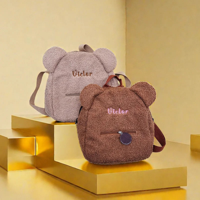 Urso bonito padrão mochila de pelúcia para mulheres e meninas, personalizado pequeno saco de ombro casual, nome personalizado, presente da criança