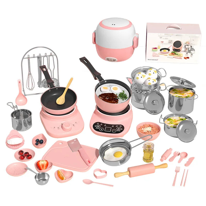 Mini cozinha Real Cooking Set para crianças, brinquedos de casa para crianças, conjunto completo para menina, quebra-cabeça do bebê, novo