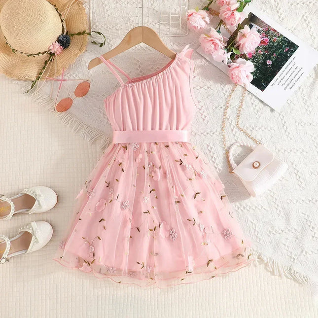 Vestido bordado com babados para crianças, Vestidos de princesa floral sem mangas, Vestido de aniversário para bebês, 2 a 7 anos