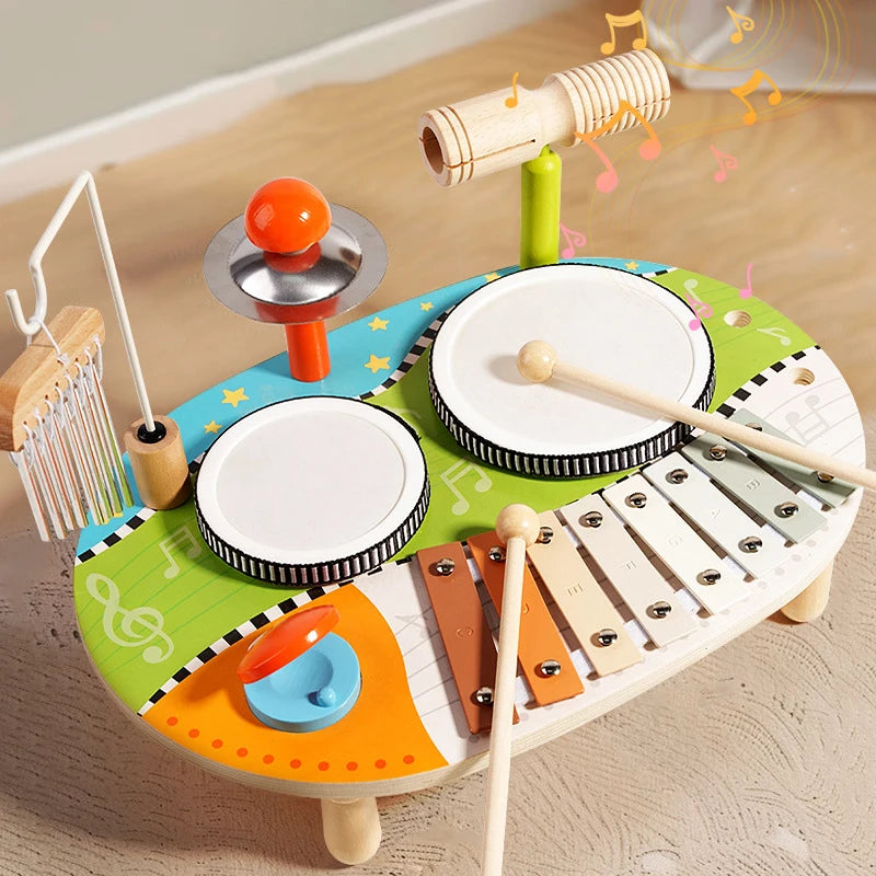 Xilofone de madeira para crianças, conjunto de tambor, sino de vento, instrumentos musicais sensoriais de percussão, brinquedos educativos montessori para crianças, presentes