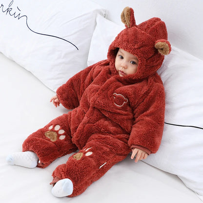 Romper de algodão grosso do recém-nascido com orelhas, bodysuit com capuz, roupas de bebê, macacão infantil, desenhos animados, inverno, 0-24 meses