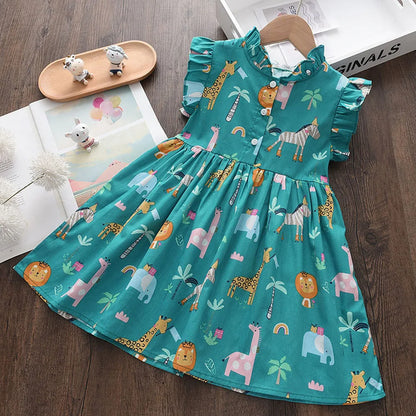 Líder urso Cartoon Print Baby Girls Princess Dress Nova Moda Verão Floral Toddler Kid Party Clothes Crianças Vestido