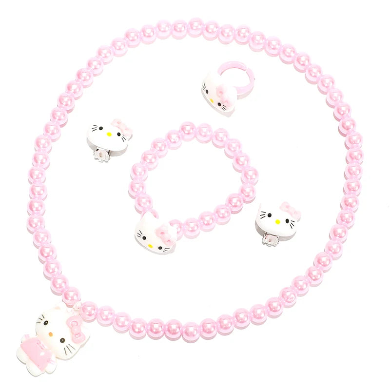 Sanrio Cartoon Hello Kitty Colar e Pulseira Set para Meninas, Kawaii Jóias Acessórios, Presentes de Aniversário, 4Pc Set