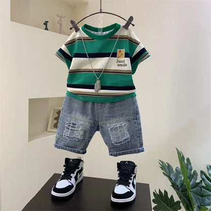 Meninos Verão 2023 New Boutique Design Outfits Algodão Set Baby Boys Camisa de Manga Curta Jeans Shorts 2pcs Vestuário Crianças 6 7 8Y