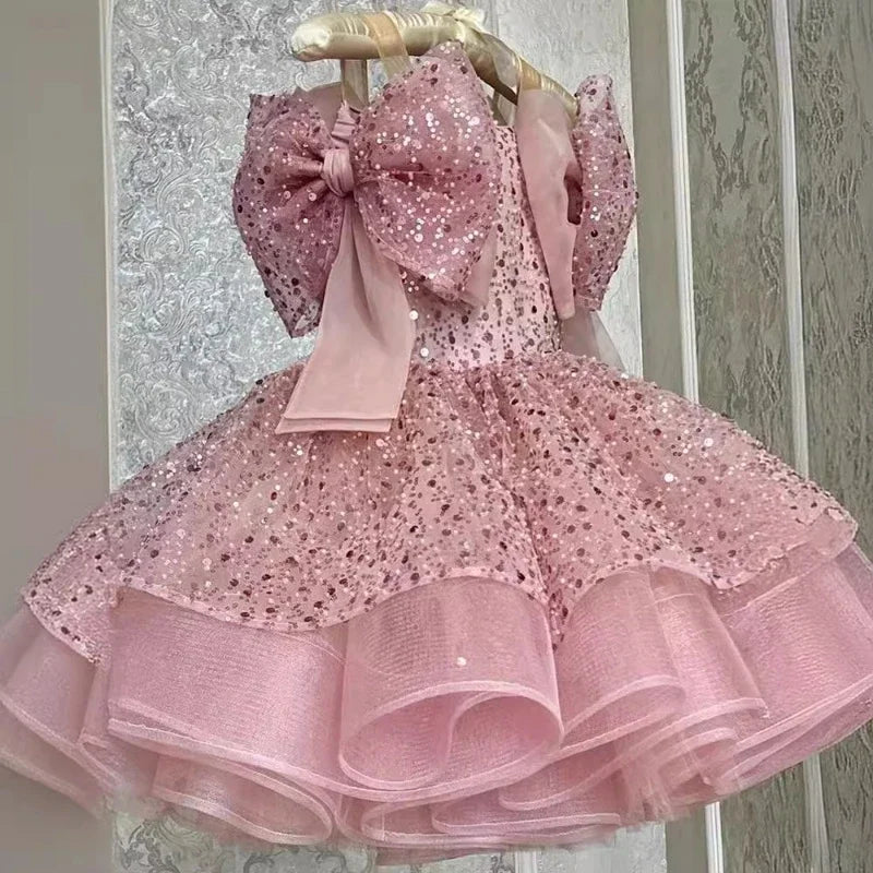 2024 crianças vestido de princesa ocasião formal roupas combinando trajes de um ano de idade do bebê meninas luxo arco lantejoulas roupa elegante