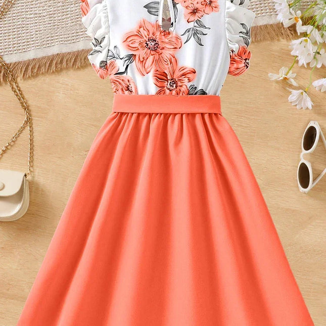 Vestido feminino charmoso com babados florais – decote delicado, mangas esvoaçantes, roupa elegante de verão para aventuras elegantes