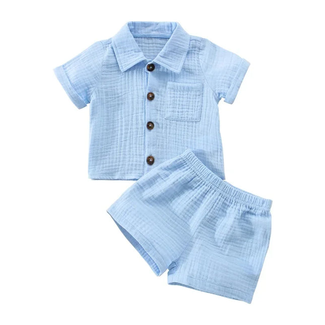 Roupas casuais de linho algodão para crianças, manga curta, botão de bolso, shorts e camisa de lapela, roupas de verão para meninos, 2 peças